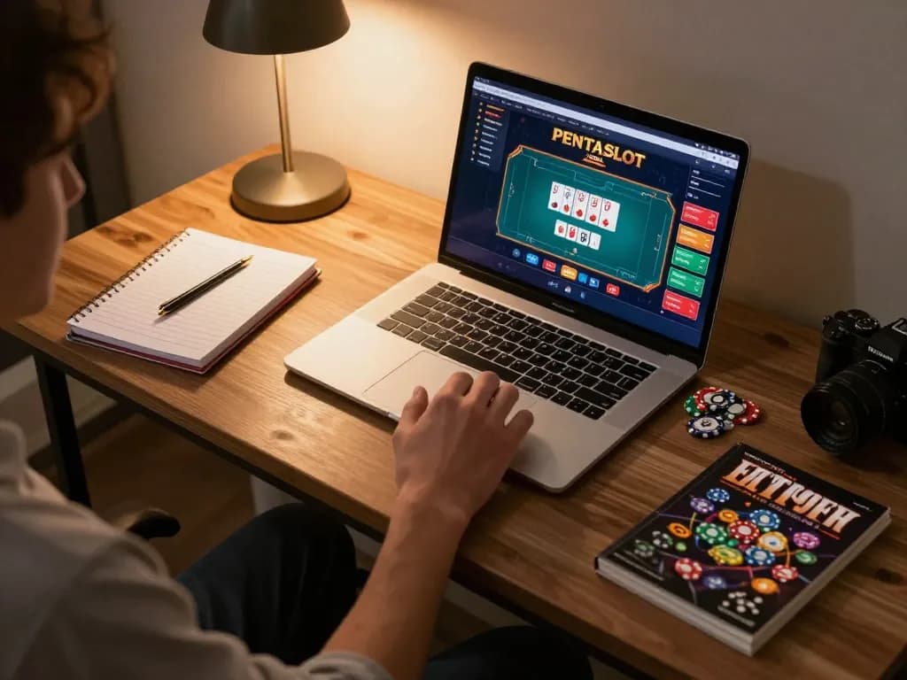 PENTASLOT player analyzing cards and betting options in a cozy online gaming setup