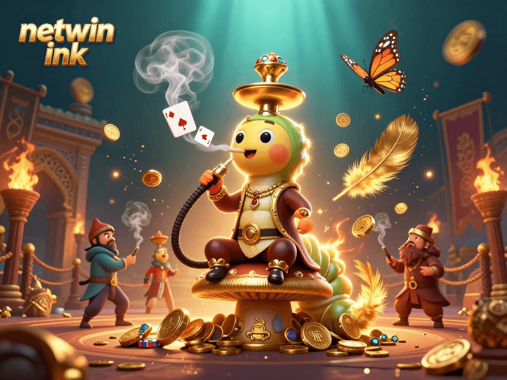 Engage with netwin ink as the caterpillar hookah-master conjures winning poker hands amidst a vibrant casino scene.