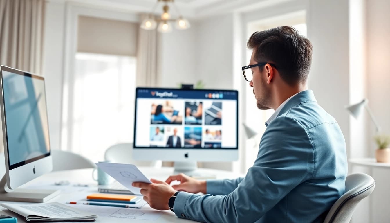 Marcel Hüsig arbeitet an einem kreativen Webdesign-Projekt in einem modernen Büro.