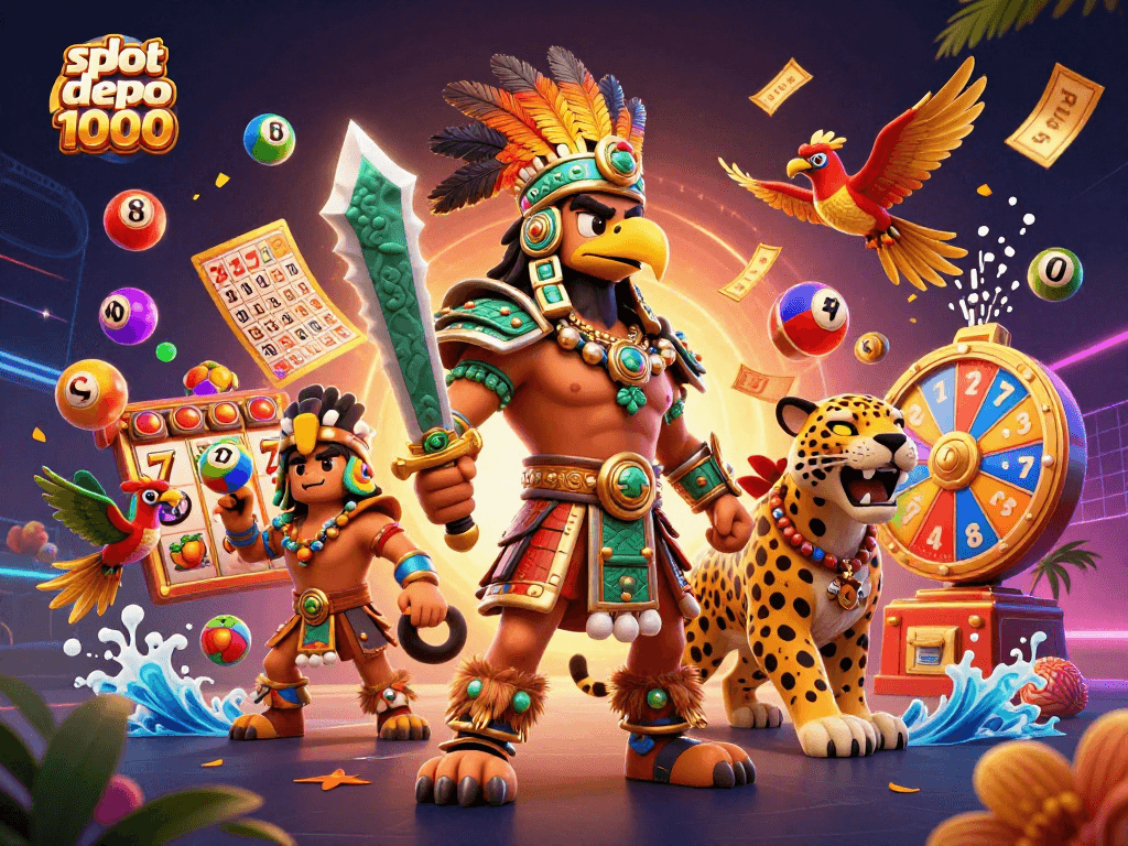 Menangkan jackpot dengan slot depo 1000 dalam ilustrasi kasino 3D yang penuh warna.