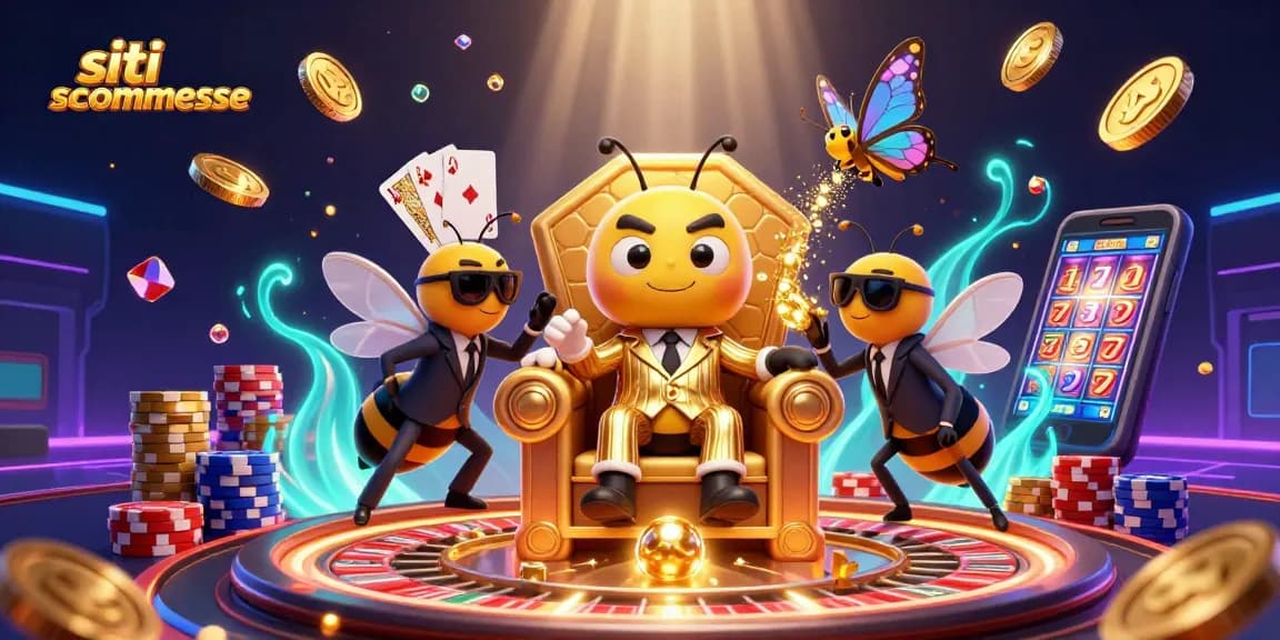 Siti scommesse offrono un'illustrazione vivace con personaggi unici e elementi di gioco come monete d'oro e roulette.