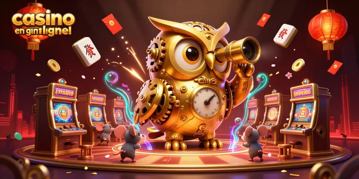Explorez le casino en ligne argent réel avec un hibou doré et des machines à sous scintillantes