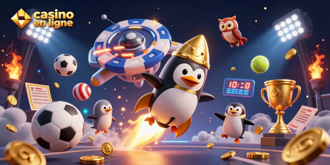 Casino en ligne : Interaction immersive entre un pingouin doré et un casino spatial rempli de trophées.