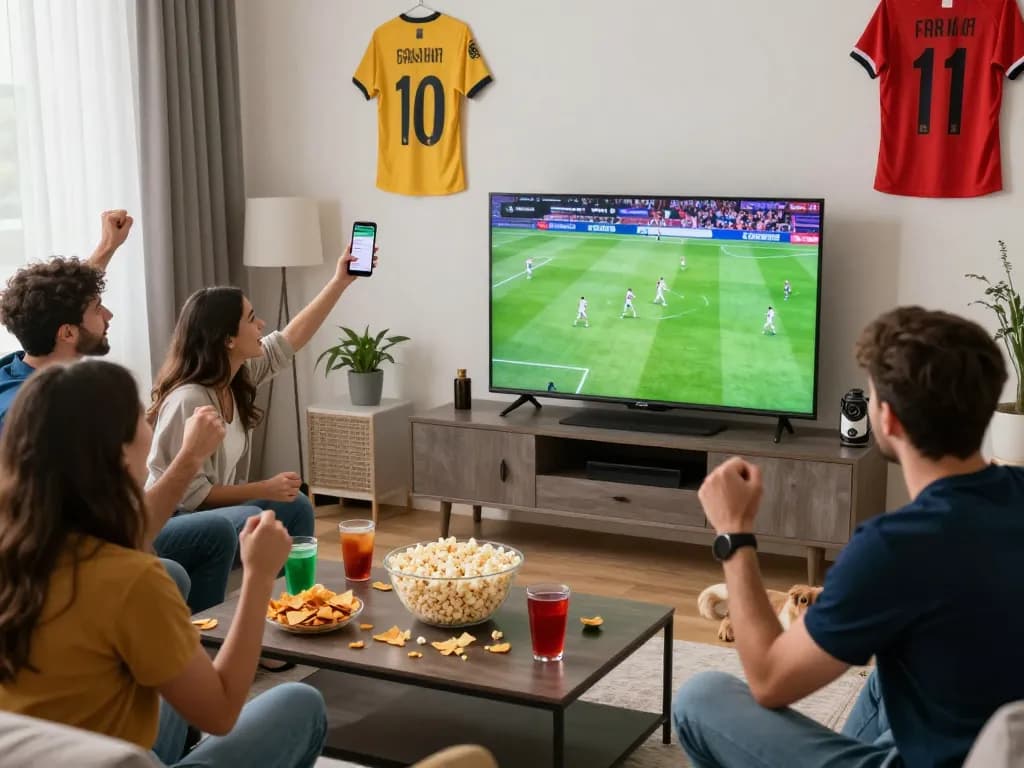 Exciting Cakhiatv football match viewing party in a lively living room with friends and snacks.