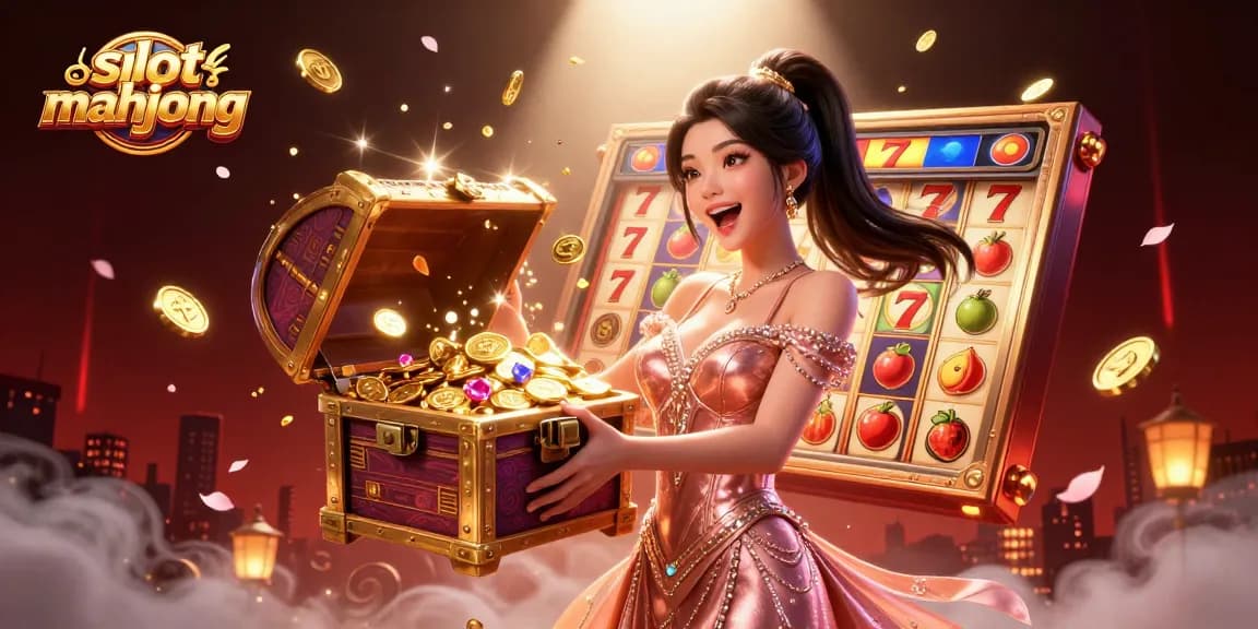 Engage with the vibrant slot mahjong scene featuring a joyful Asian woman, treasure chest, and dynamic game elements.
