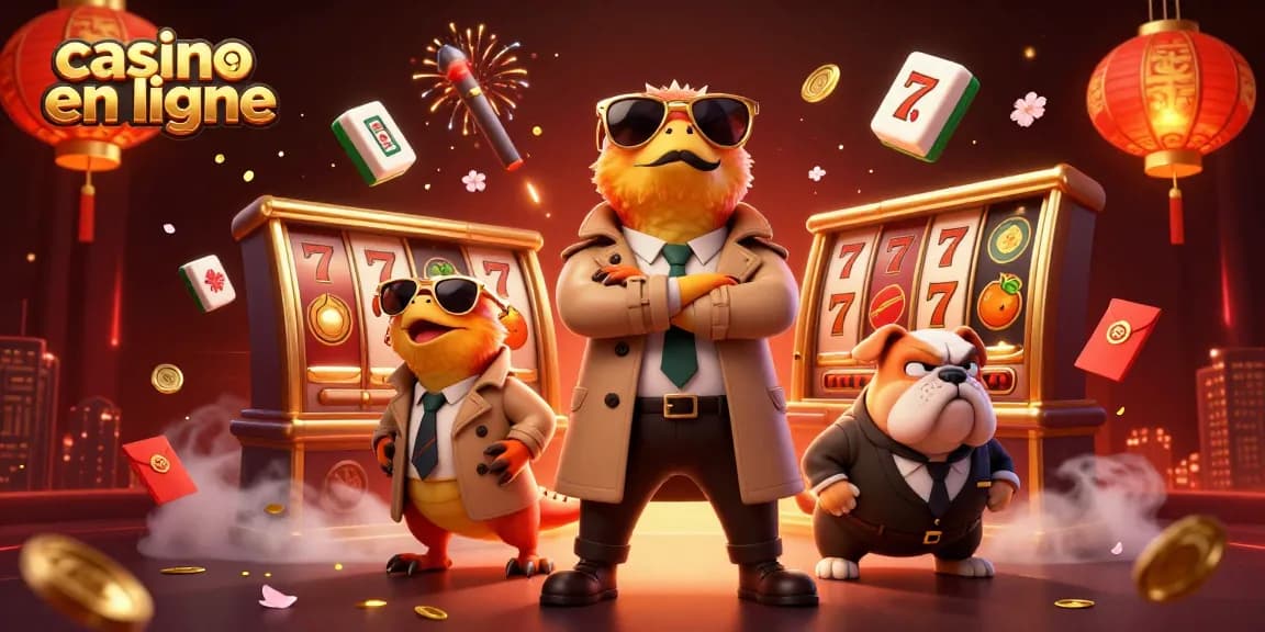 Une illustration animée 3D de raptors déguisés jouant au casino en ligne, entourés de symboles et de lumières.