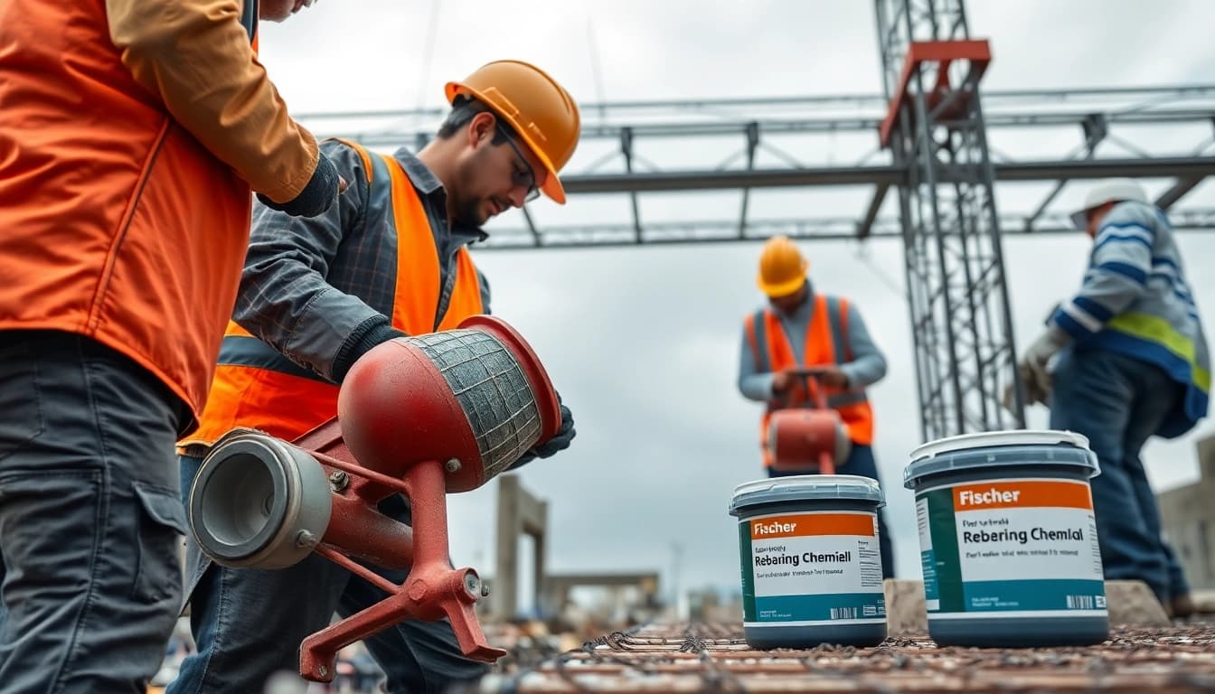 Workers applying fischer rebaring chemical to enhance concrete stability.