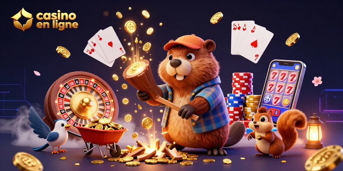Profitez d'un casino en ligne dynamique avec un castor, un oiseau et un écureuil récoltant des pièces d'or.