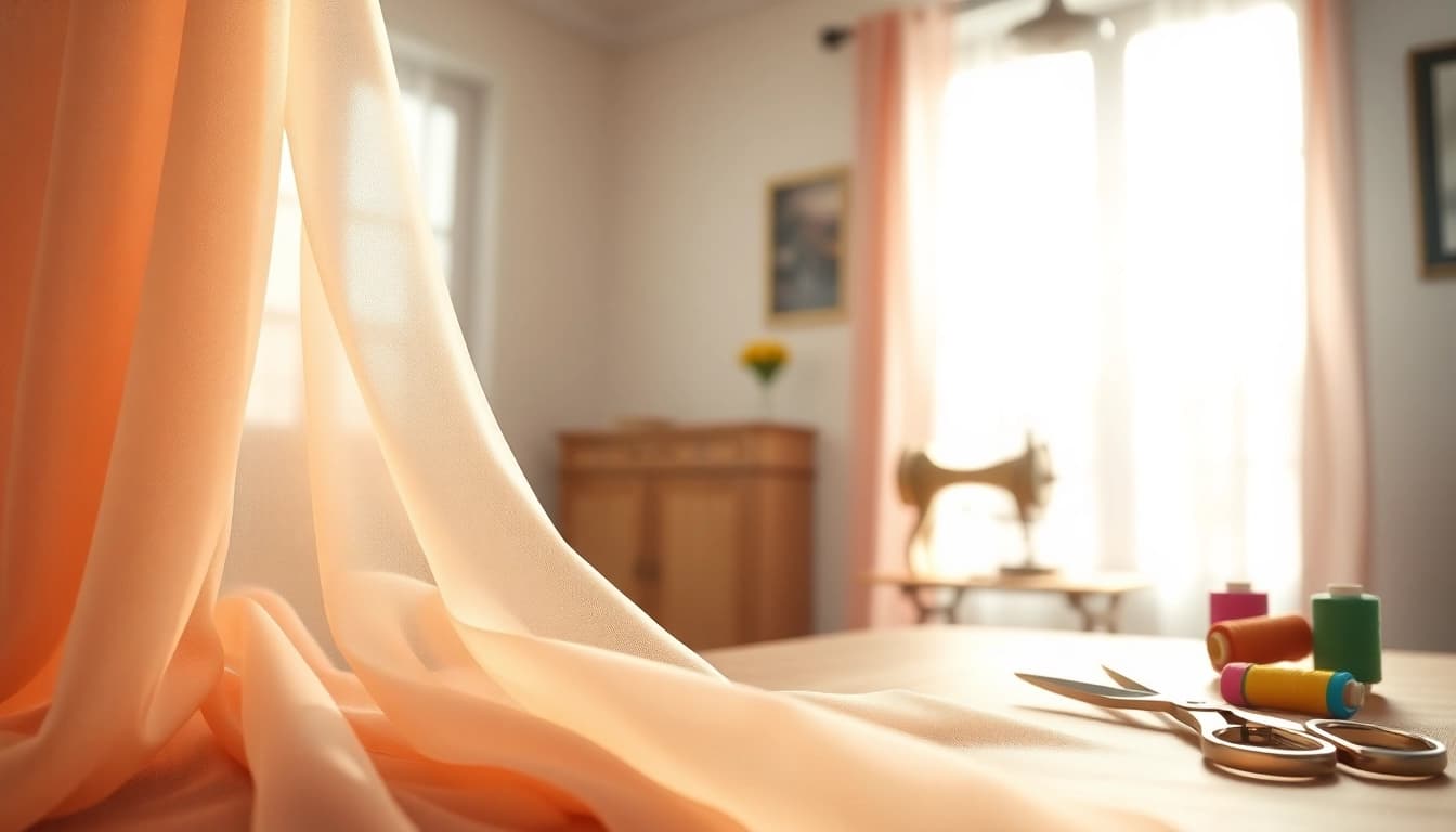 Mousseline stof met delicate textuur op een vintage naaitafel, perfecte voor creatief gebruik.