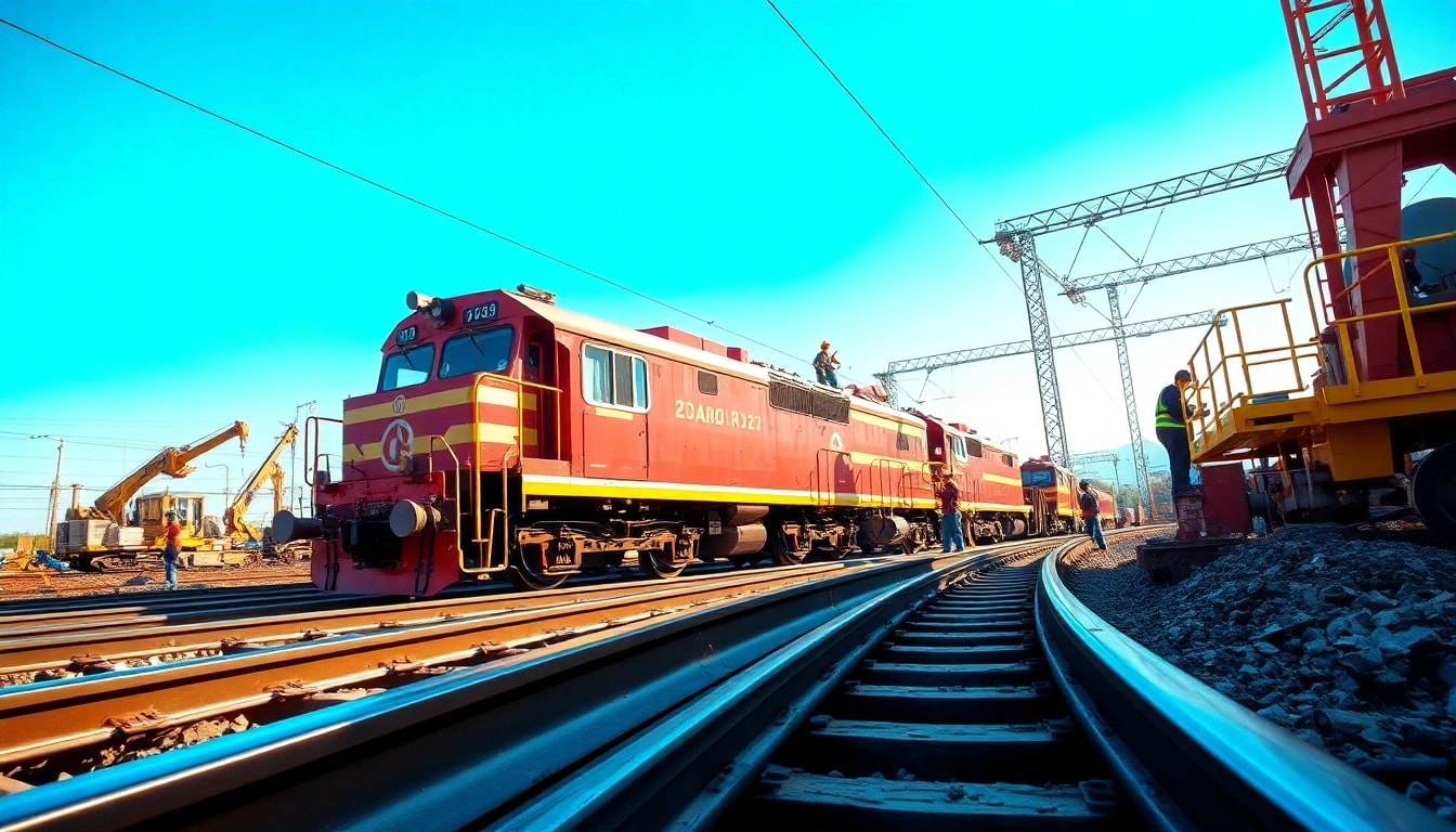 Workers on a railway site showcasing ows rail construction efforts with vibrant machinery.