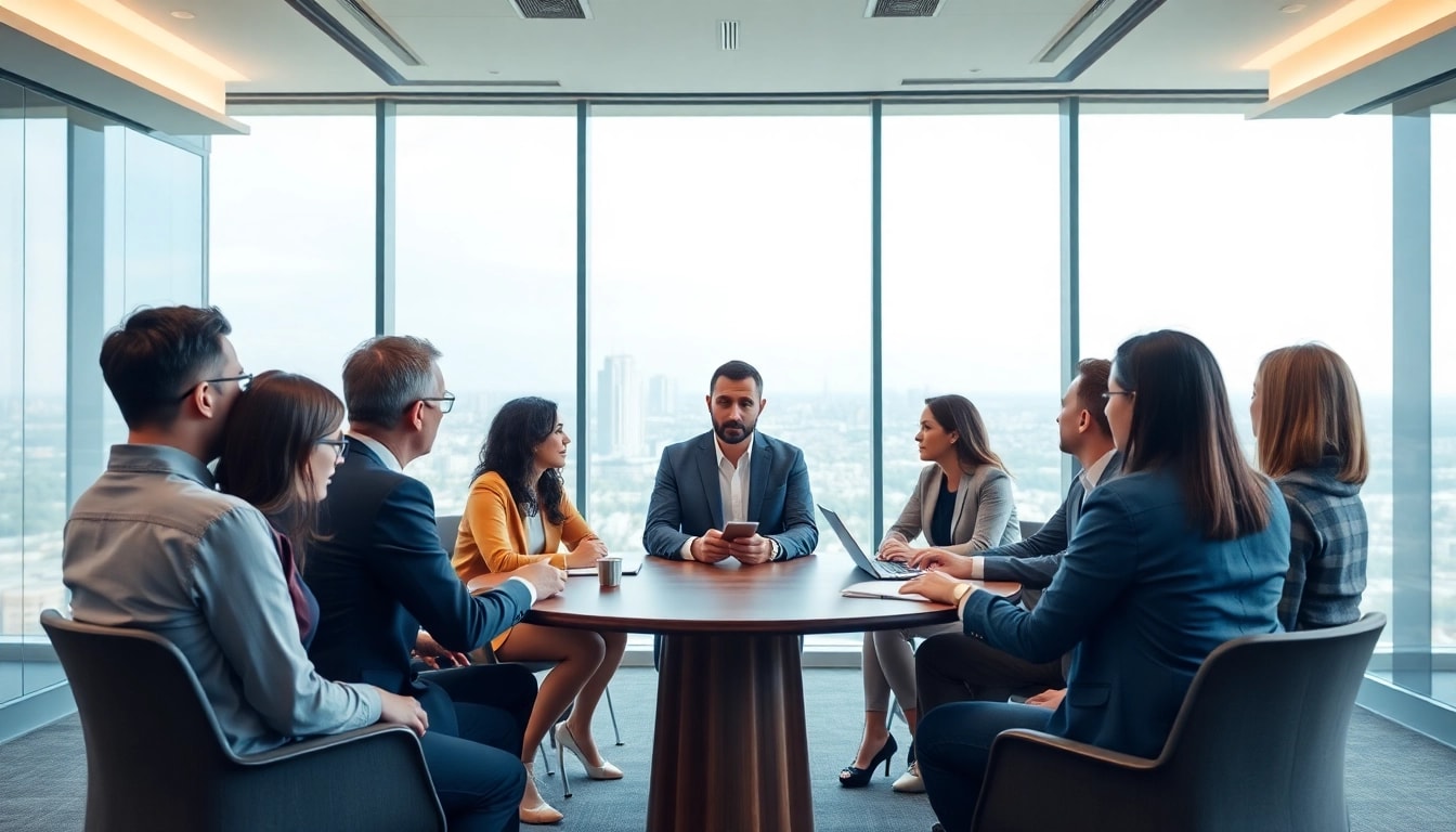 Mediation session in a conference room showcasing diverse individuals engaged in productive dialogue.