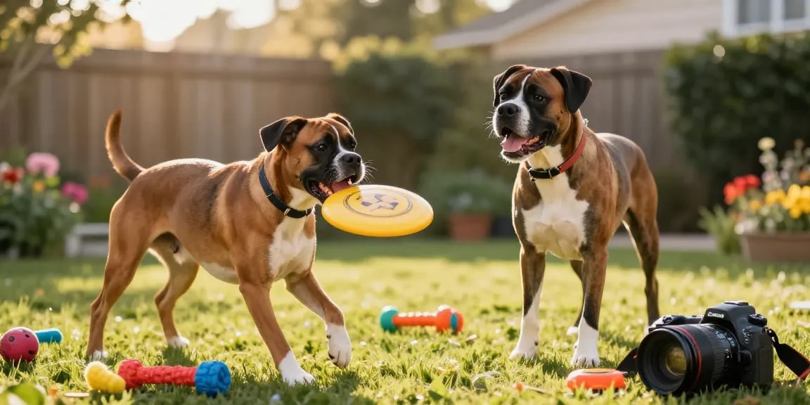 Indigoboxersndanes.com promoting active play with Boxer and Great Dane enjoying a sunny backyard.