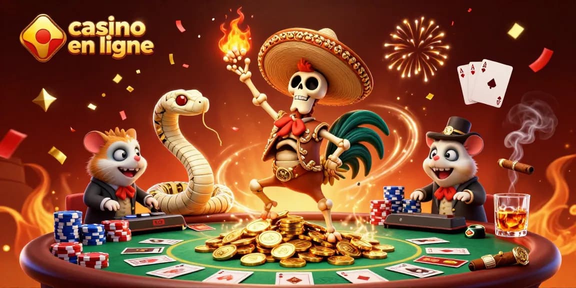 Plongez dans l'univers du casino en ligne avec un rooster mariachi dansant sur des pièces d'or dans une scène festive.