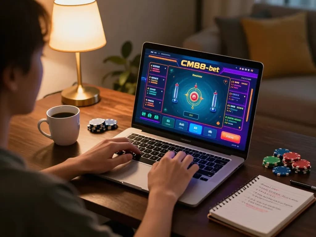 Engaged player using CM88-bet platform on laptop, showcasing strategic gameplay