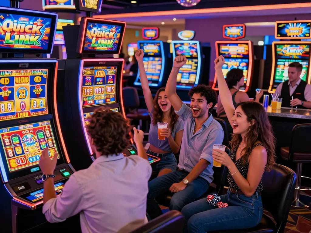 Teman-teman merayakan jackpot dengan gembira di mesin slot link Quick Hit di kasino yang meriah.