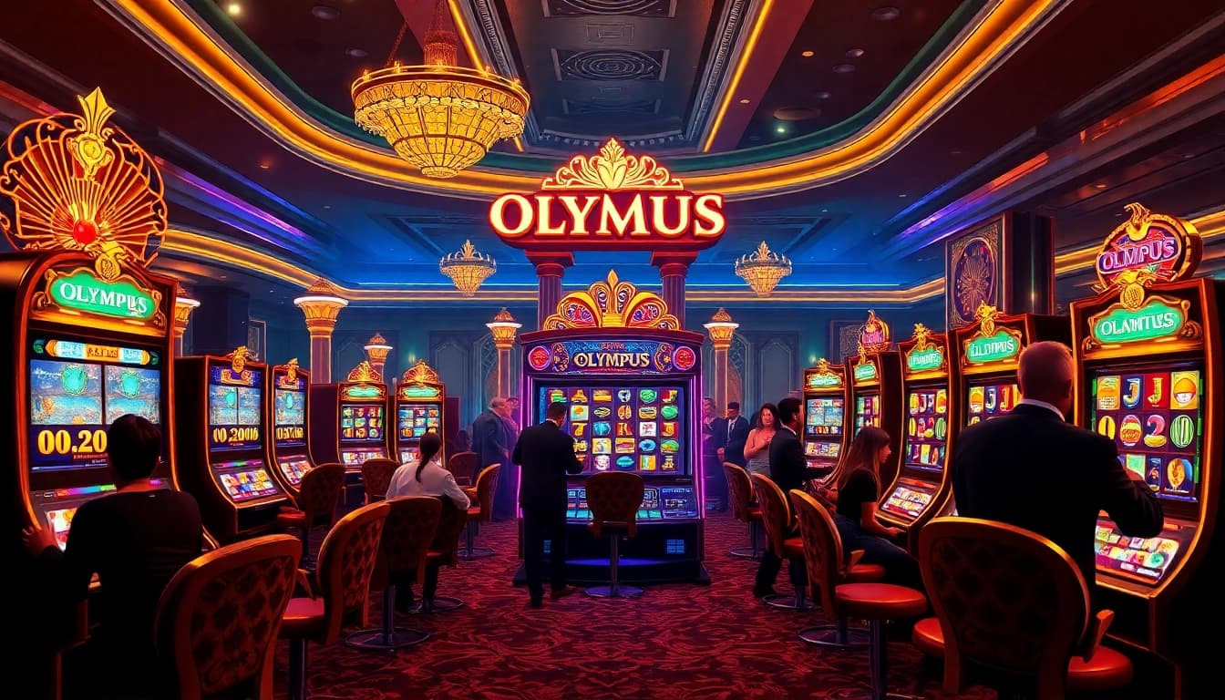 Pemain yang antusias bermain mesin slot Olympus di lingkungan kasino mewah.