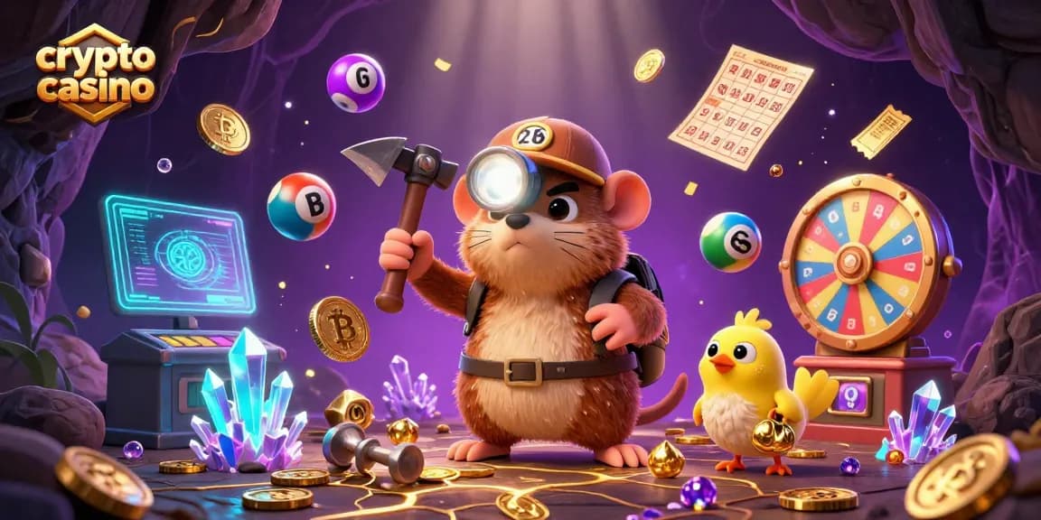 Illustration d'un crypto casino: un mole explorateur et un canari au milieu de pièces, machines et loteries