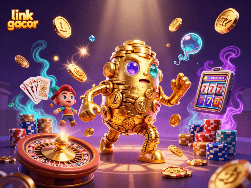 Experience link gacor with a golden golem amidst dazzling casino excitement and magical elements.