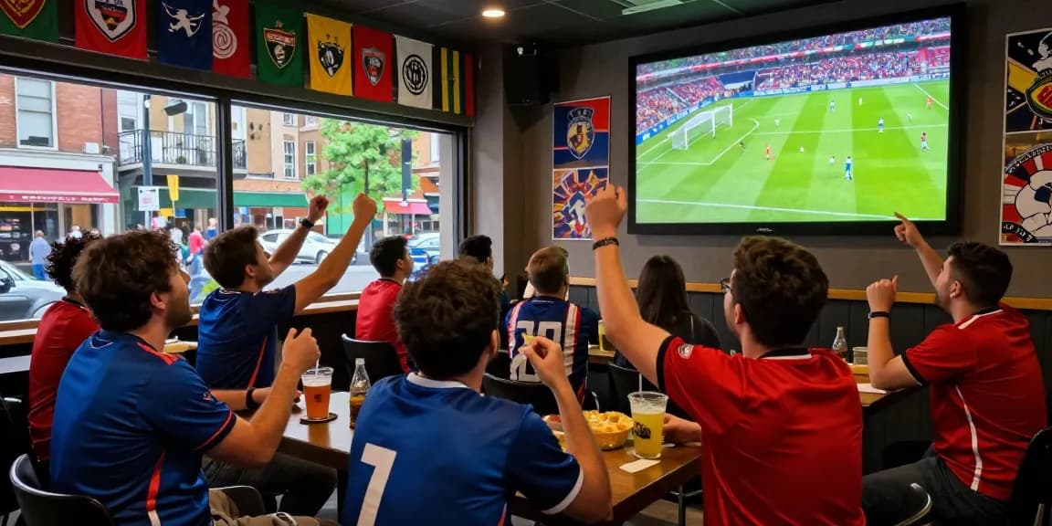 Football fans enjoying koora live at a vibrant sports bar, celebrating the match atmosphere.