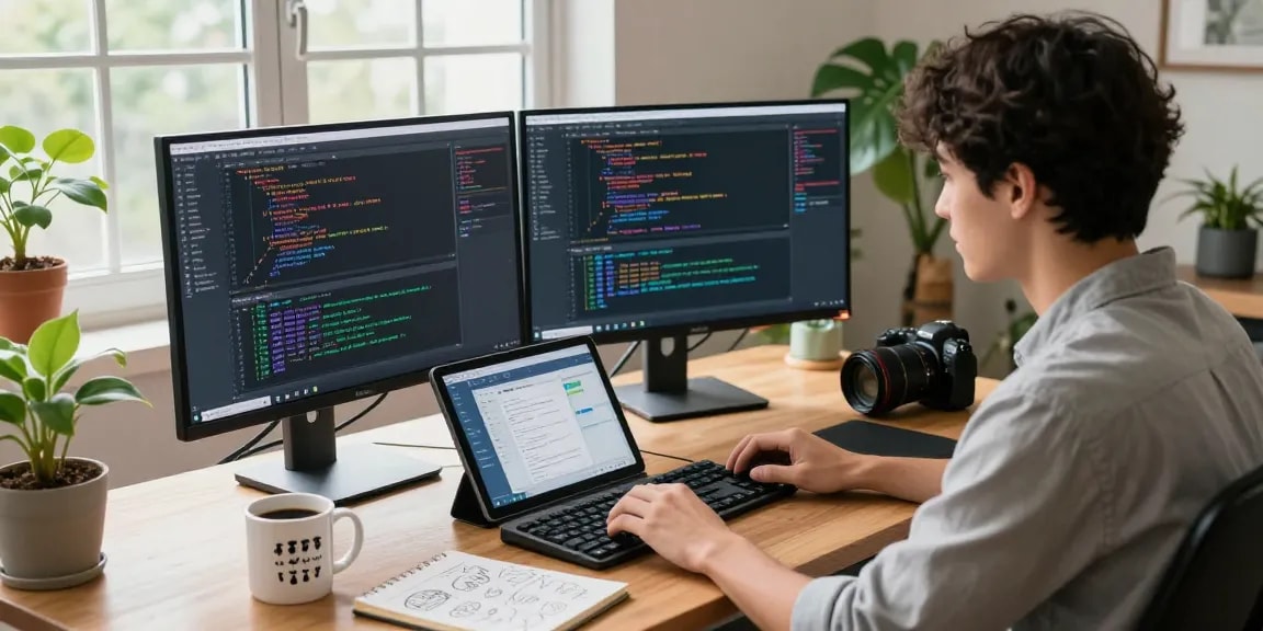 Young developer coding in a bright home office with dual monitors, coffee, and plants at https://rokok88.us.com.