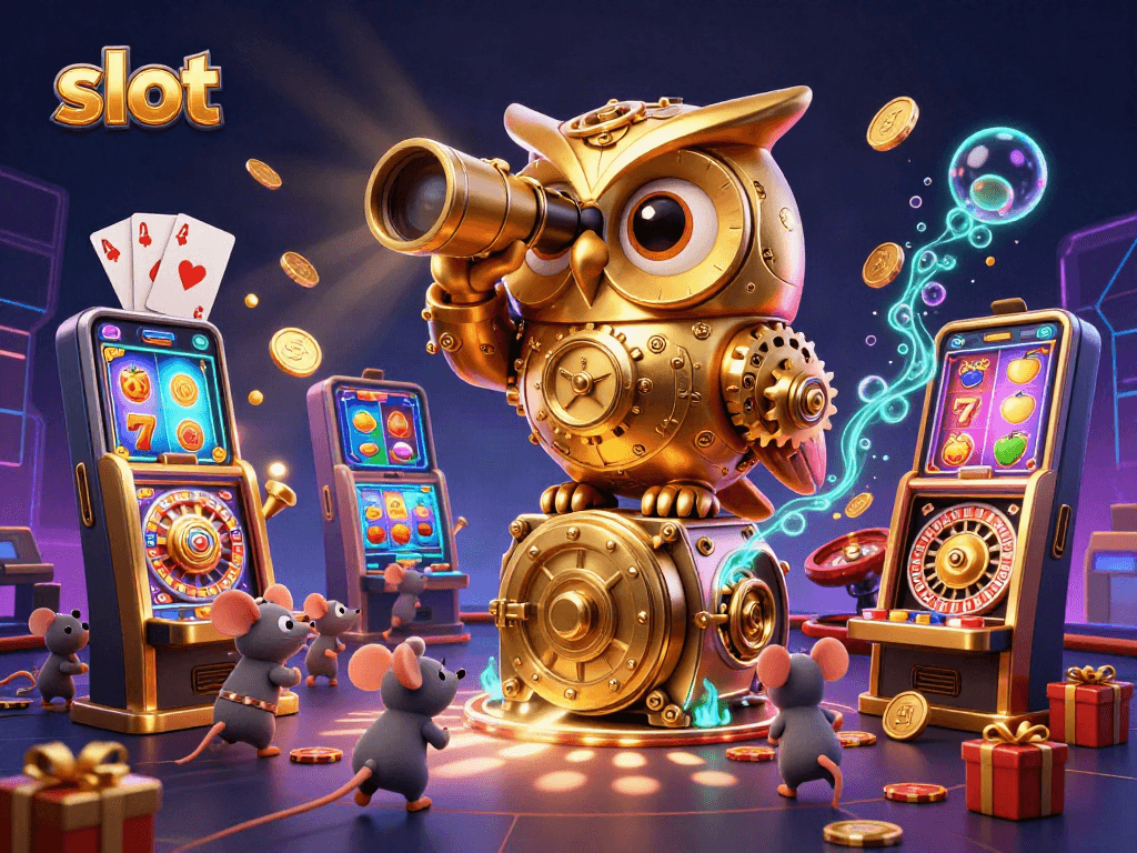 Experience thrill at slot machines with a clockwork owl amid vibrant casino excitement.