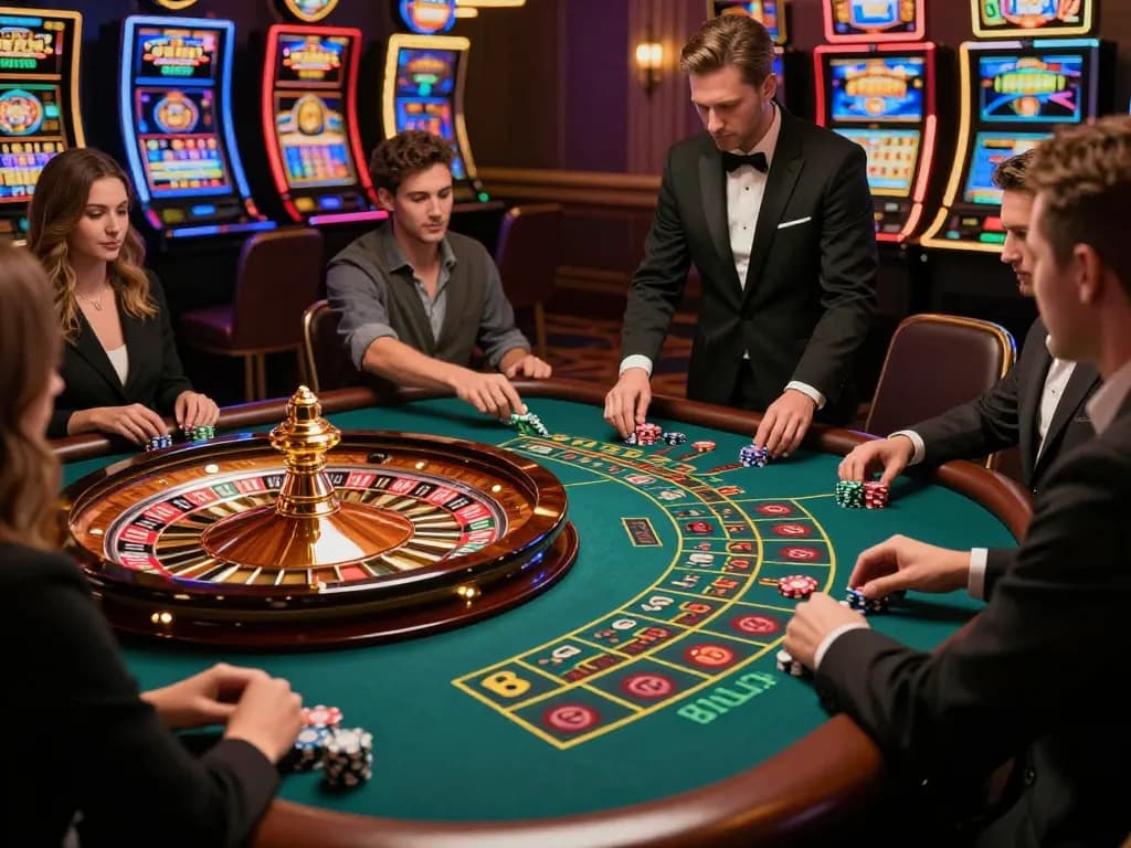 g28-t1 players placing bets on colorful chips at a vibrant roulette table