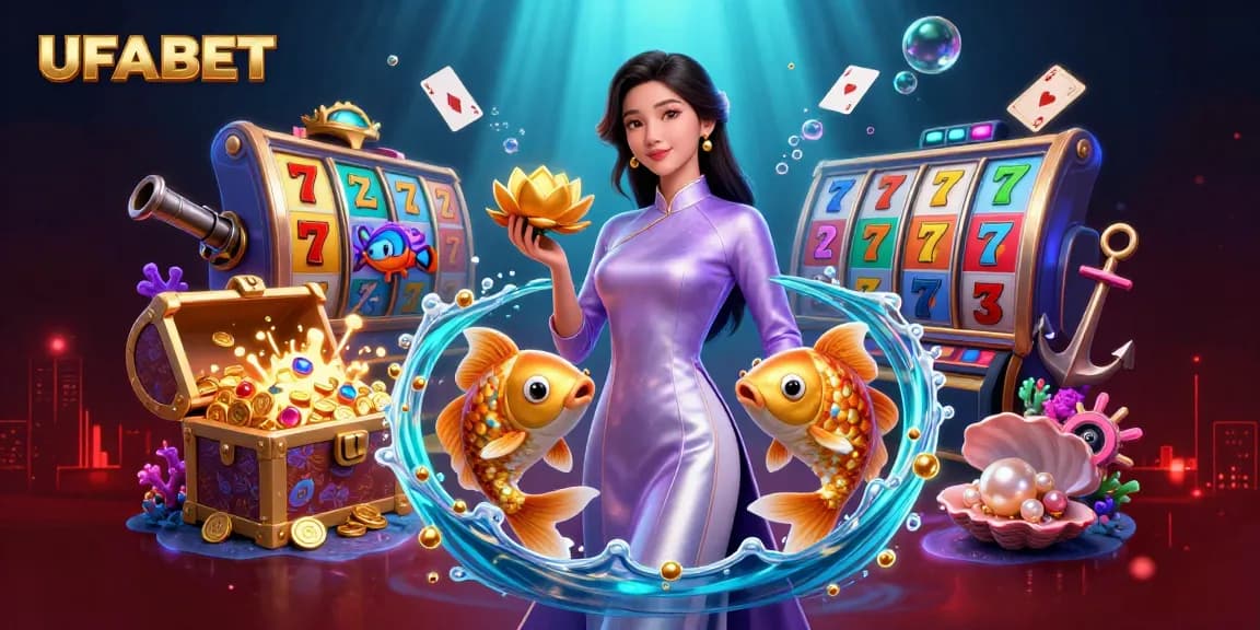 Experience the excitement of UFABET with vibrant slot reels, koi fish, and a stunning Asian woman in a casino.