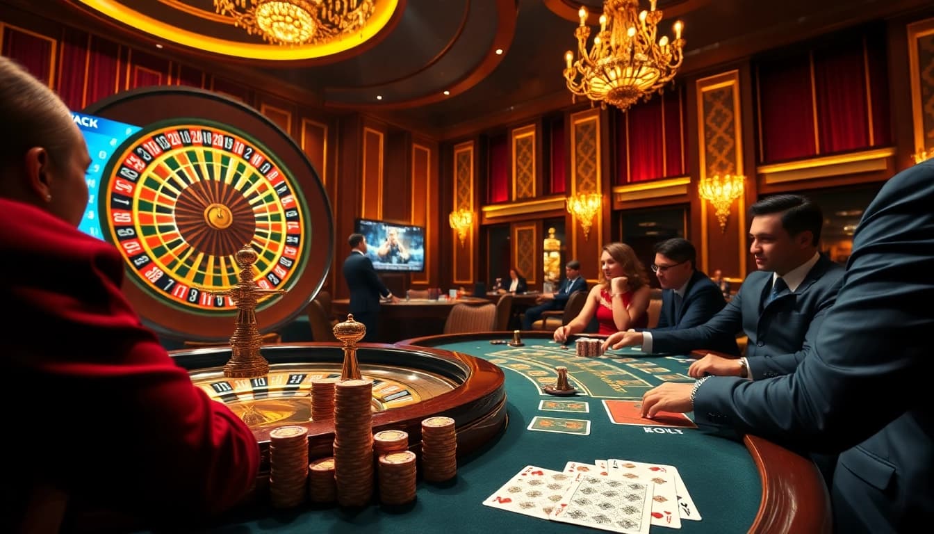 Players enjoy an engaging MK 8 poker game at an elegant casino, surrounded by roulette and chips.
