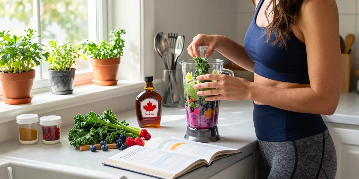 Creating nutritious smoothies with made in Canada supplements in a sunny kitchen.