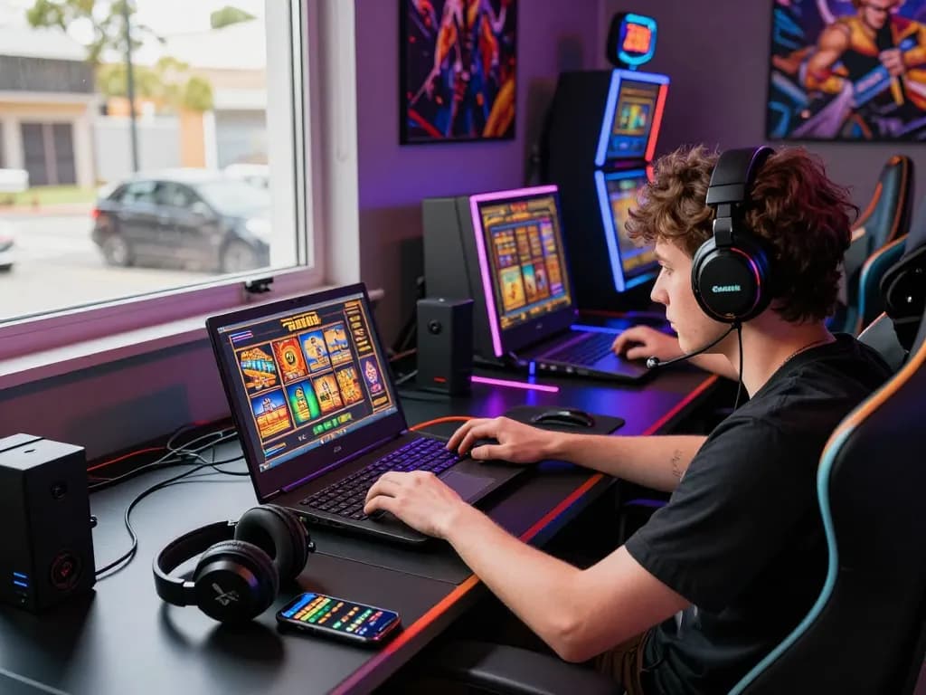 Engaged gamer enjoying zeus138 online slots on a modern gaming setup.
