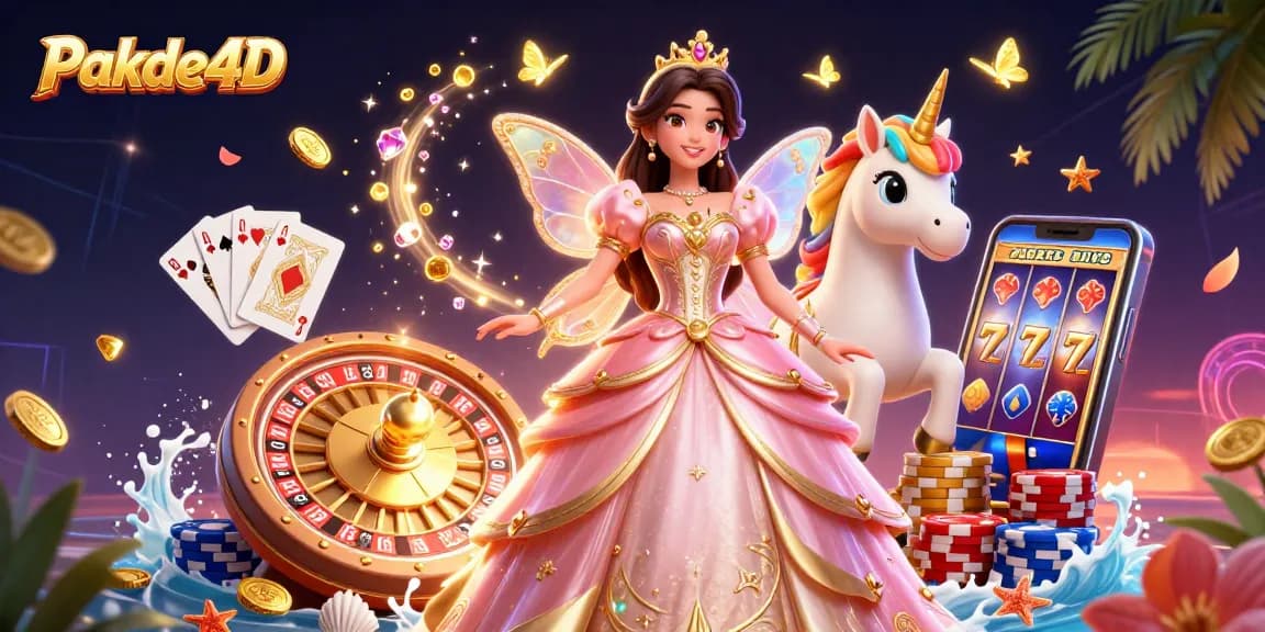 Engage with Pakde4D's enchanting scene of vibrant gaming elements amidst cascading gems and golden coins.