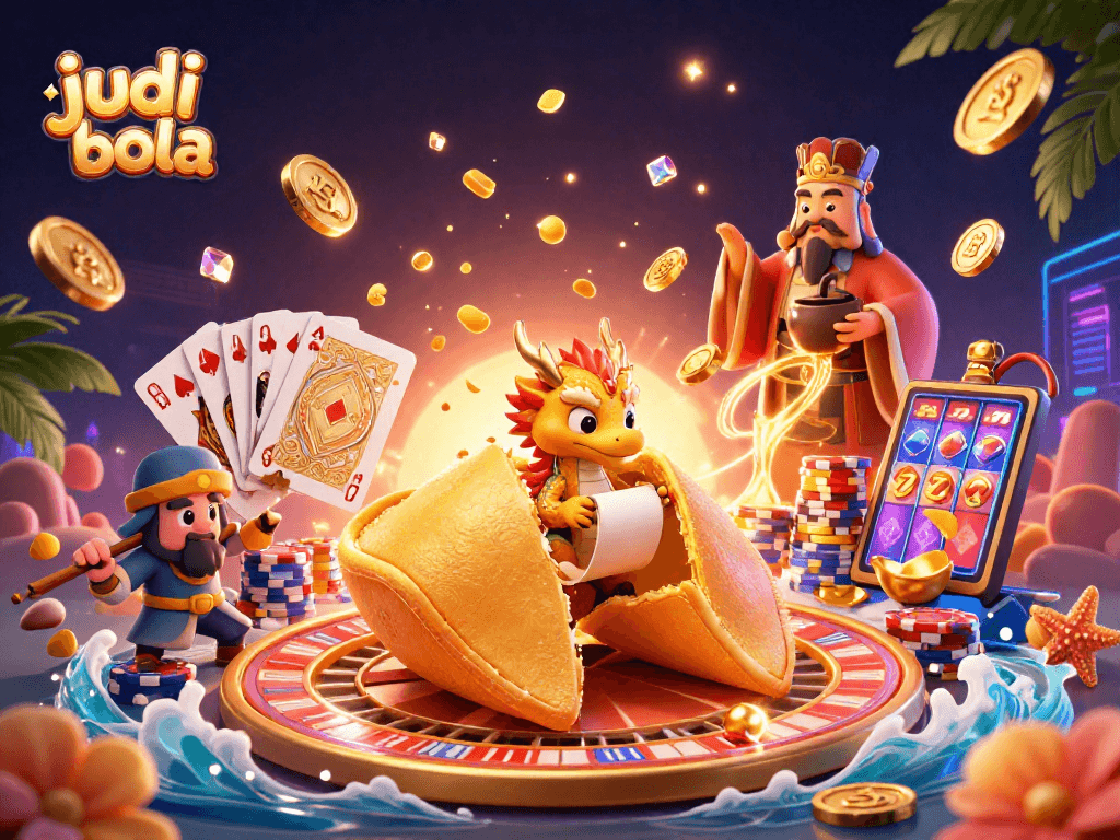 Experience judi bola excitement with a dynamic casino scene featuring fortune cookies, coins, and animated game elements.