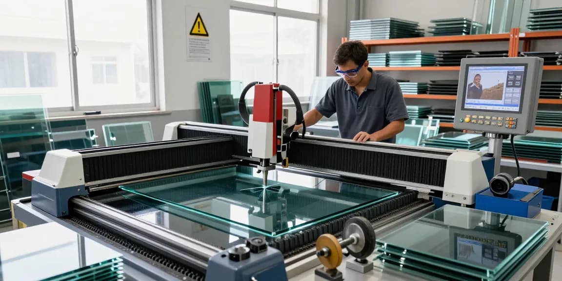 Technician operating a glass cutting machine with precise control in a bright workshop.