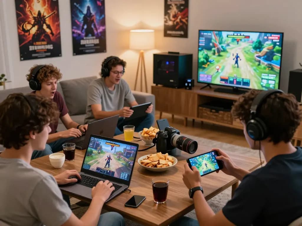 Group of friends enjoying real porn games on various devices in a cozy gaming setup.