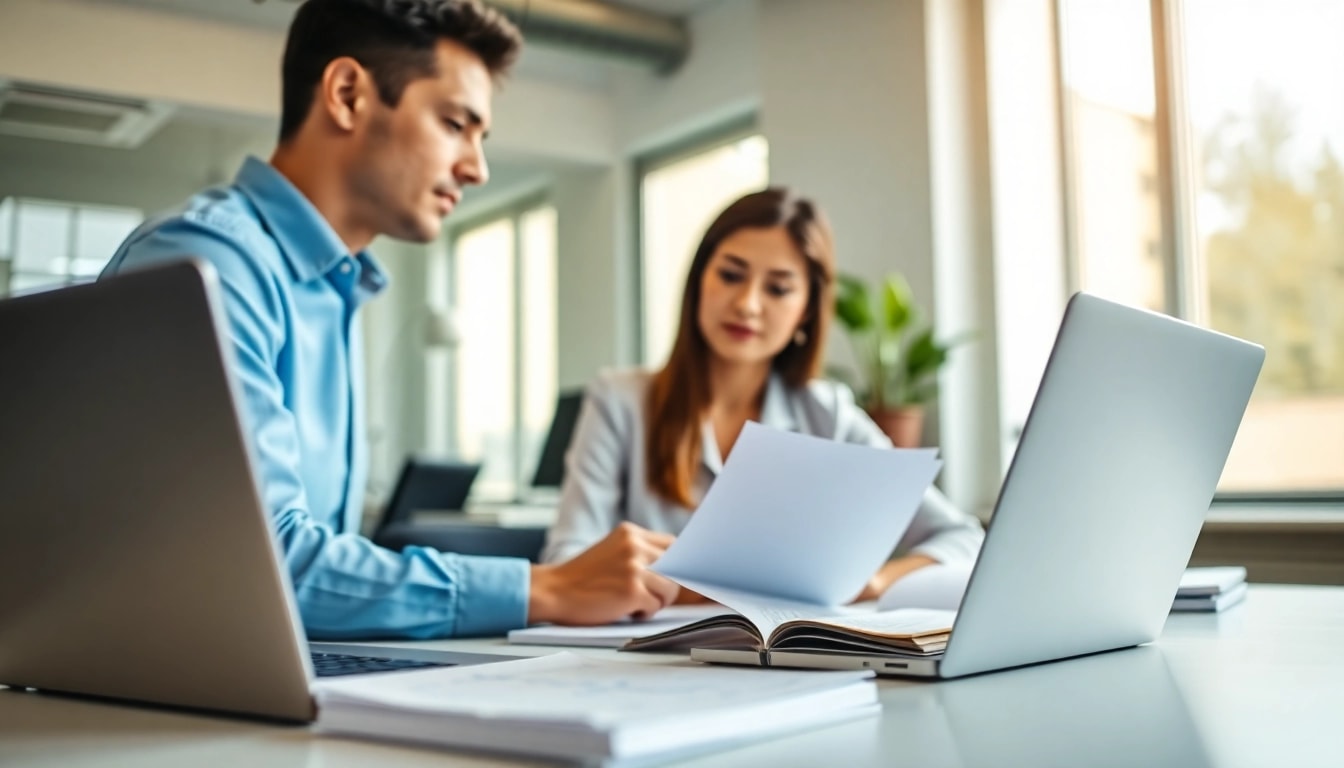 Engaged toefl test takers for hire reviewing notes in a bright office.