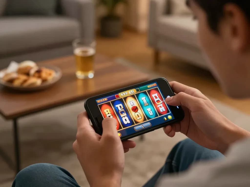 Player enjoying slot bet kecil on smartphone, capturing thrilling betting moments at home.