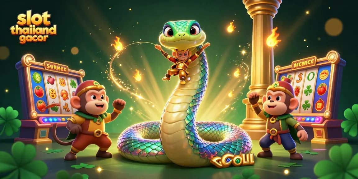 Explore vibrant slot thailand gacor excitement with a rainbow serpent and playful monkey king in this dynamic casino illustration.