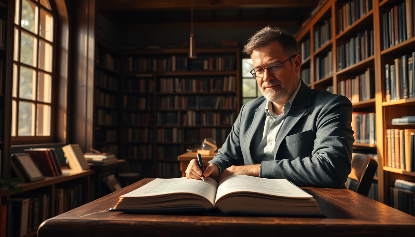 Author writing in a cozy library, surrounded by books and natural light.