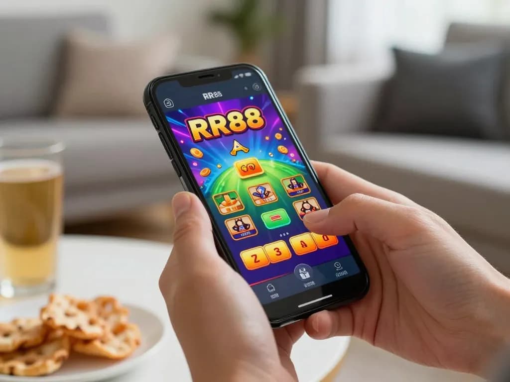 Engaging scene of a player using the RR88 App for online casino gaming on a smartphone.