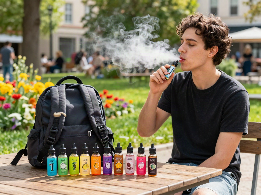 Enjoying a nicotine salt vape in a vibrant urban park, surrounded by colorful vape juice bottles and greenery.