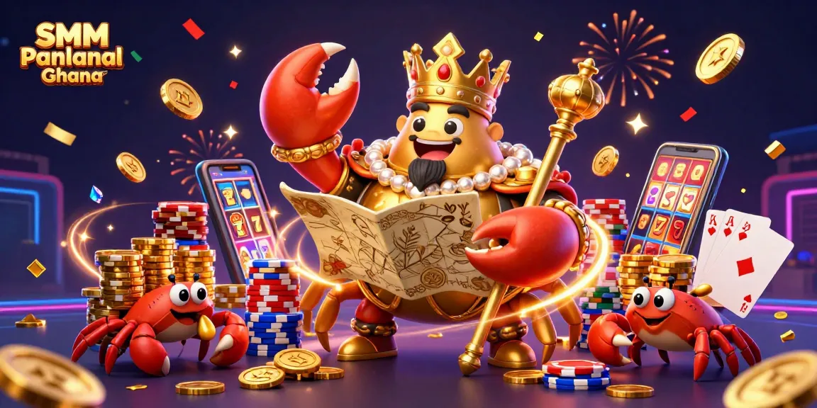 SMM Panel Ghana supports social growth, showcasing a vibrant 3D scene with a golden crab emperor amidst casino elements.