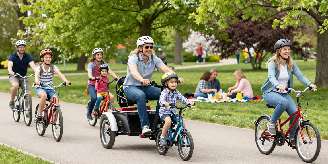Families enjoying a sunny day cycling on tricycles in a vibrant park.
