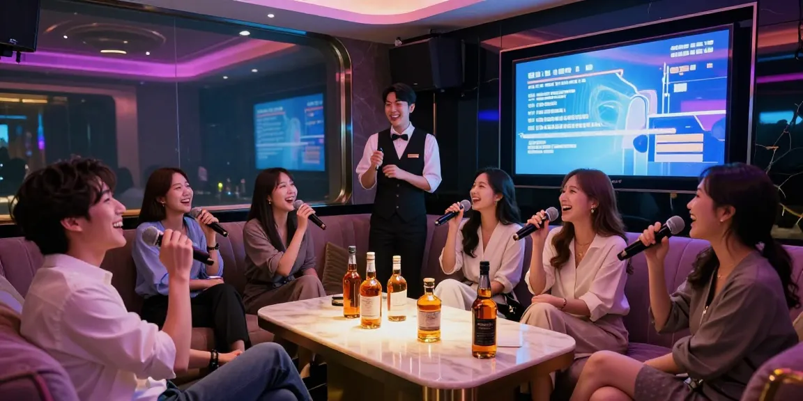 Enjoying singing and premium drinks at 강남가라오케 karaoke in a luxurious private setting.
