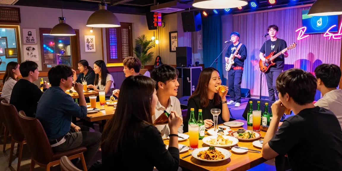 상봉동 한국관나이트 lively atmosphere with people enjoying cocktails and K-pop performance.