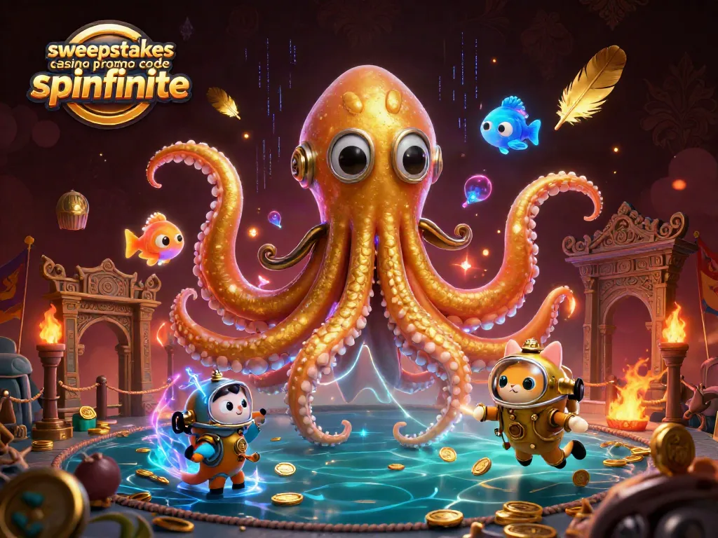 Sweepstakes casino promo code spinfinite features an epic kraken and diving cat in a treasure-filled scene.