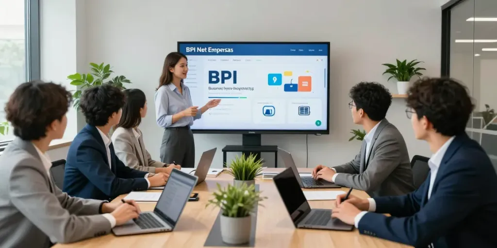 Business professionals exploring BPI Net Empresas features in a modern office environment