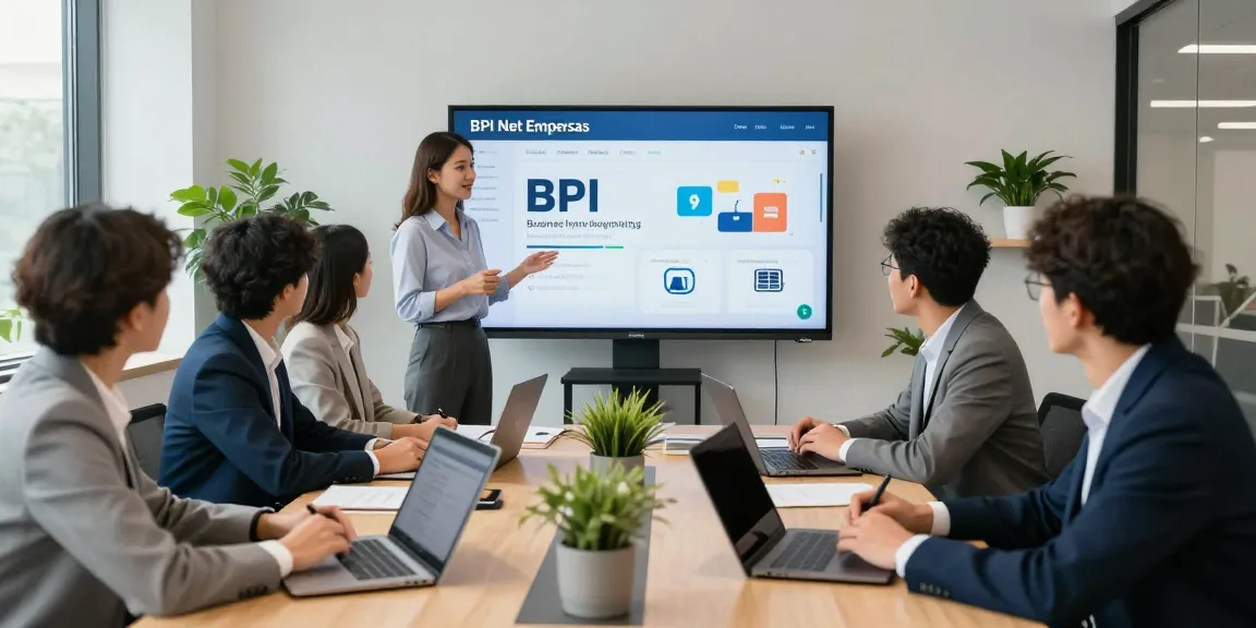Business professionals exploring BPI Net Empresas features in a modern office environment