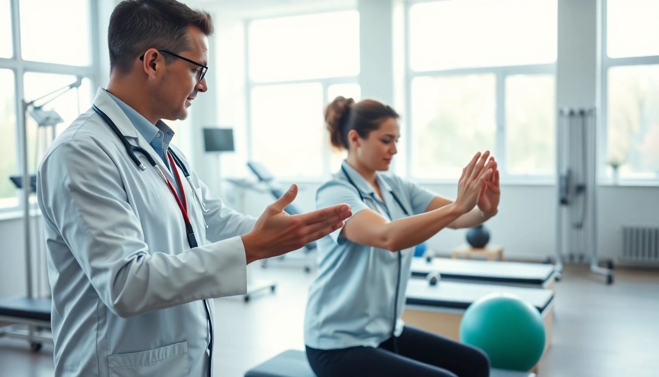 Engaged in north edmonton physiotherapy, a therapist works closely with a patient in a modern clinic.