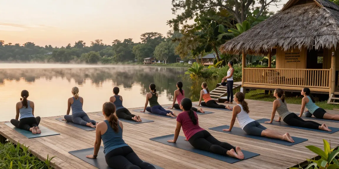 Participants at a 200hr YTT Sri Lanka yoga session by Koggala Lake, practicing yoga with nature's serenity.