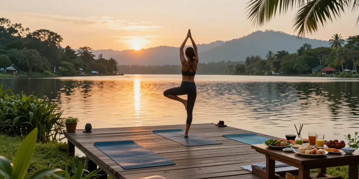 Yoga alliance teacher training Sri Lanka at sunrise on Koggala Lake, serene yoga class setting with mats and breakfast spread.
